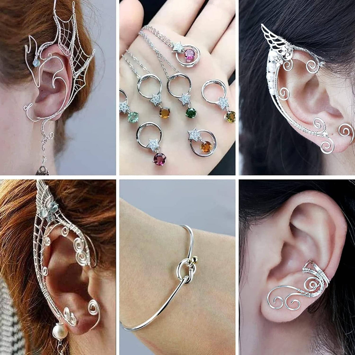 Silver wire ear cuffs and earrings with swirl and dangling heart-like shapes