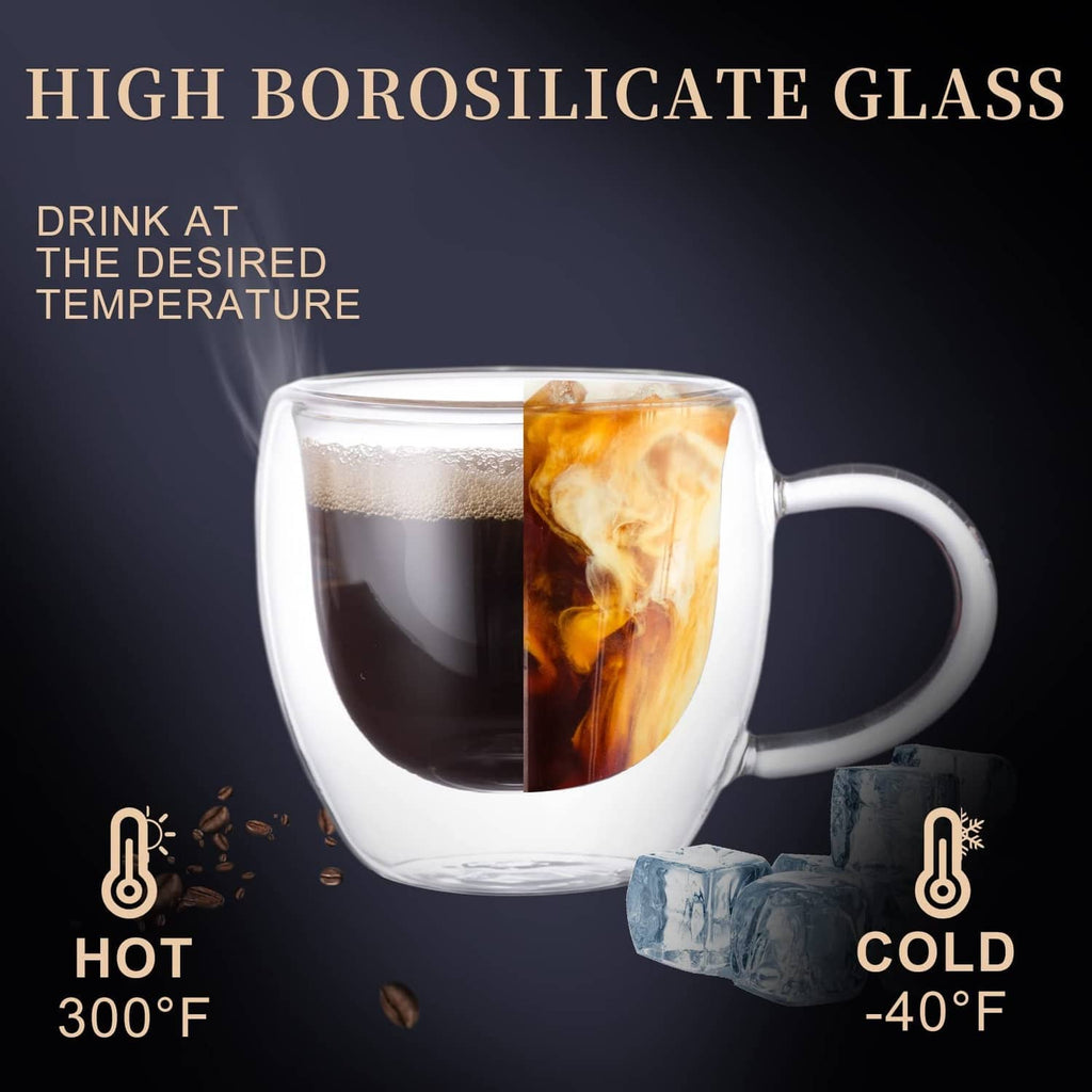 Clear double-wall espresso cup with side handle, layered glass design