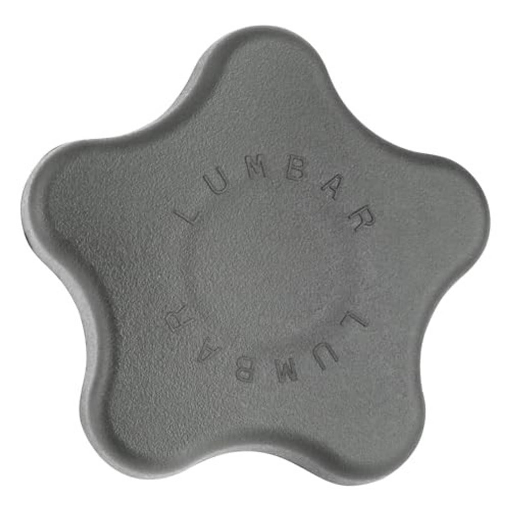 Gray cross-shaped lumbar support knob with embossed letters and arrow marks