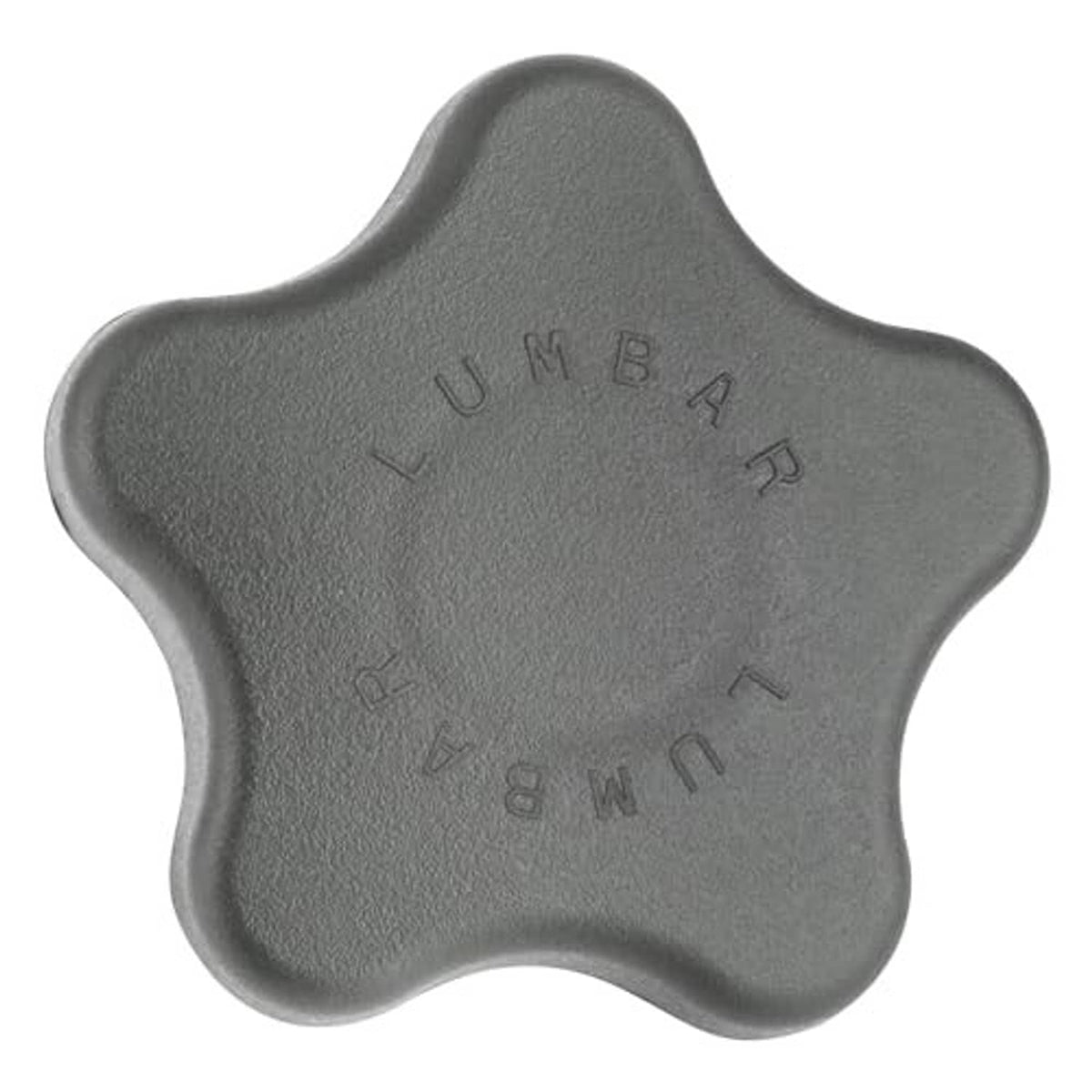 Gray cross-shaped lumbar support knob with embossed letters and arrow marks