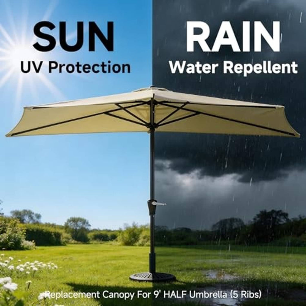 Light beige half umbrella canopy standing outdoors with rain protection