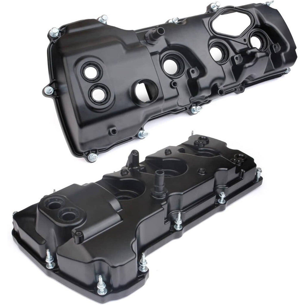 Black engine valve covers with curved ribs, round openings, and shiny mounting hardware