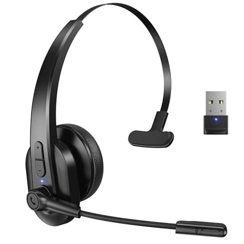Black single-ear Bluetooth headset with boom mic and USB wireless dongle