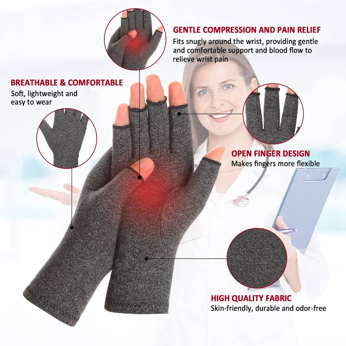 Gray fingerless compression gloves with open-finger design and snug knit cuffs