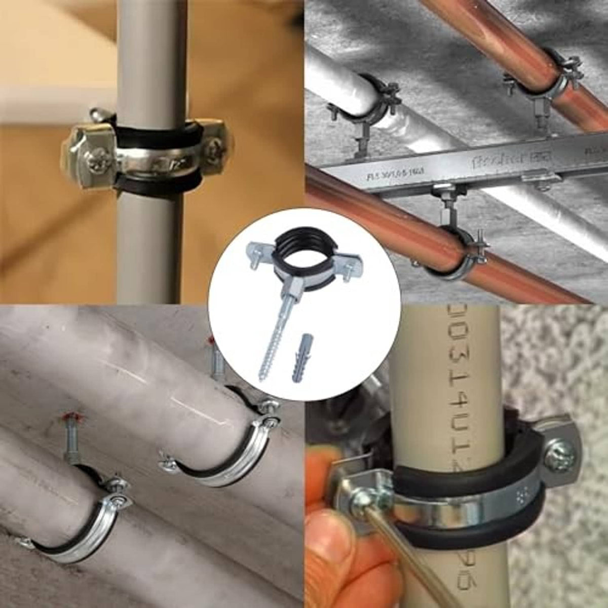 Black split ring pipe hanger mounted on pipes with galvanized strap and screws.