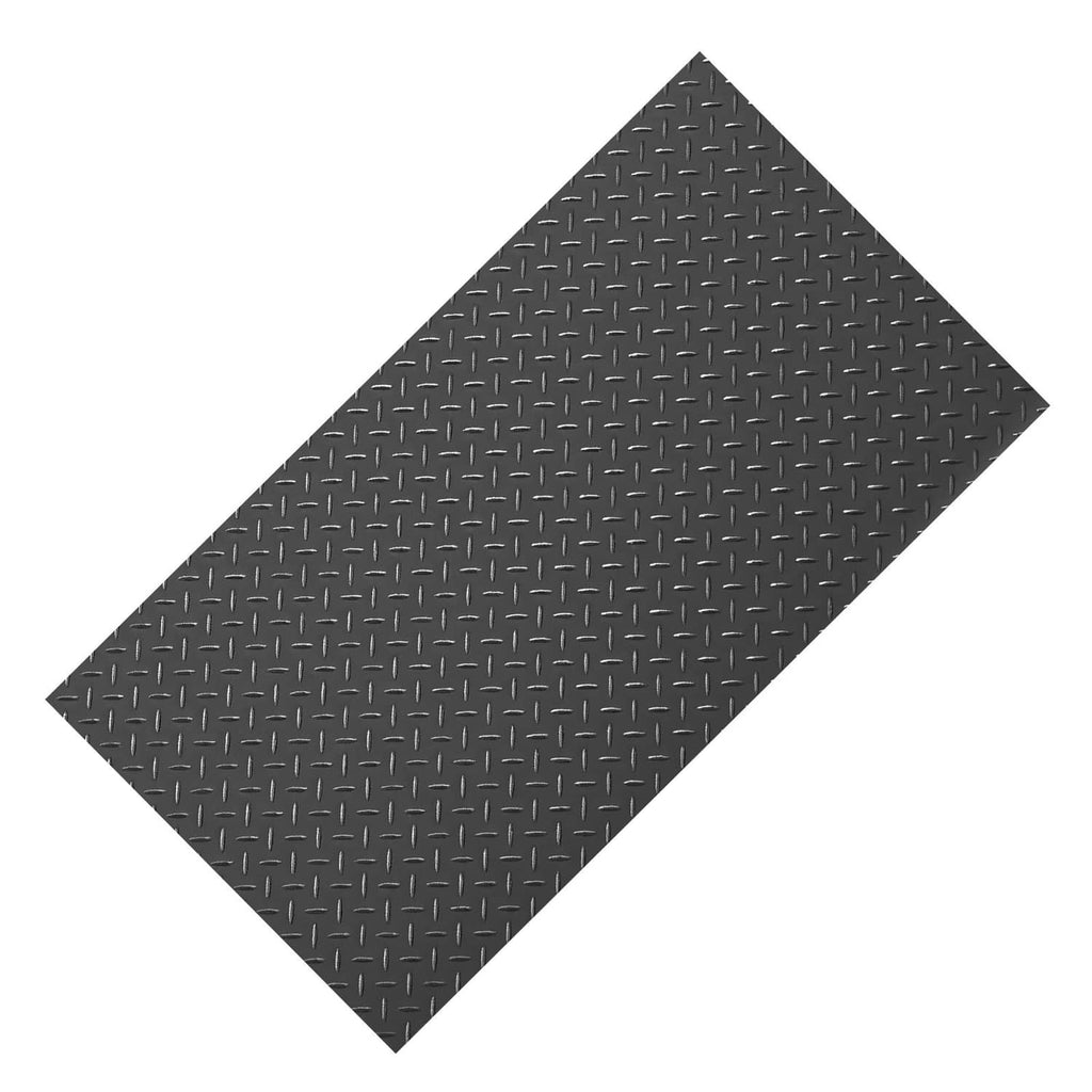 Black PVC garage floor mat with diamond-plate texture, non-slip surface
