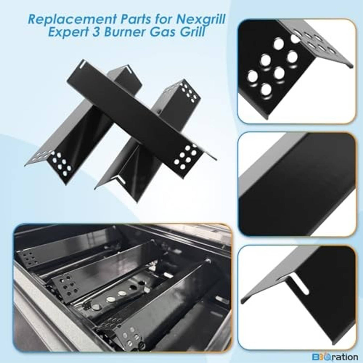 Replacement grill burner components with black burner brackets and mounting plates
