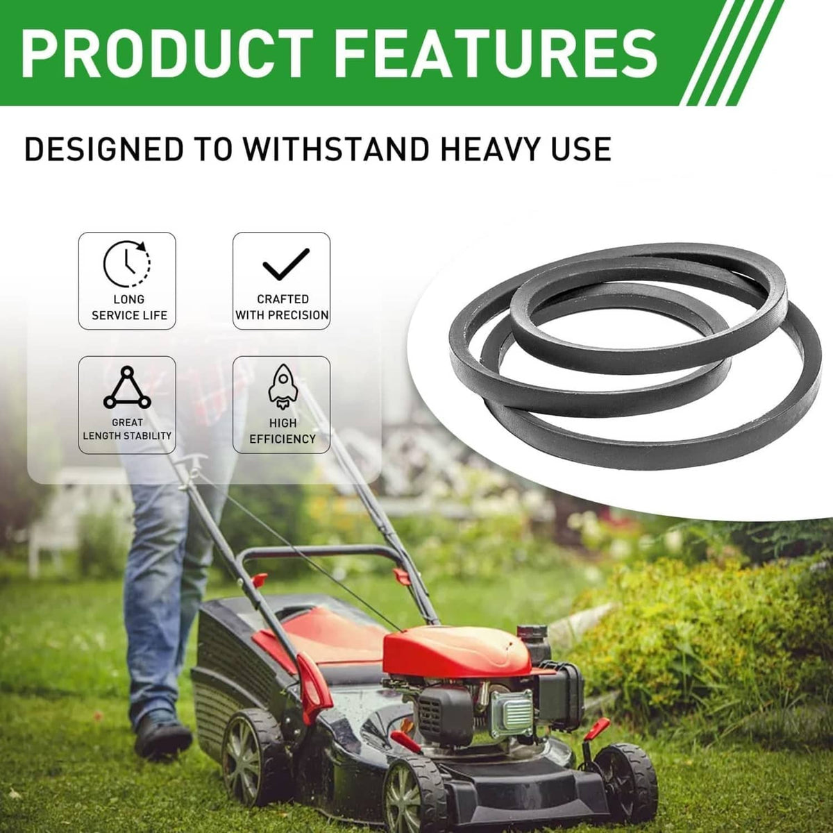 Black lawn mower drive belt shown as a neatly coiled rubber loop.