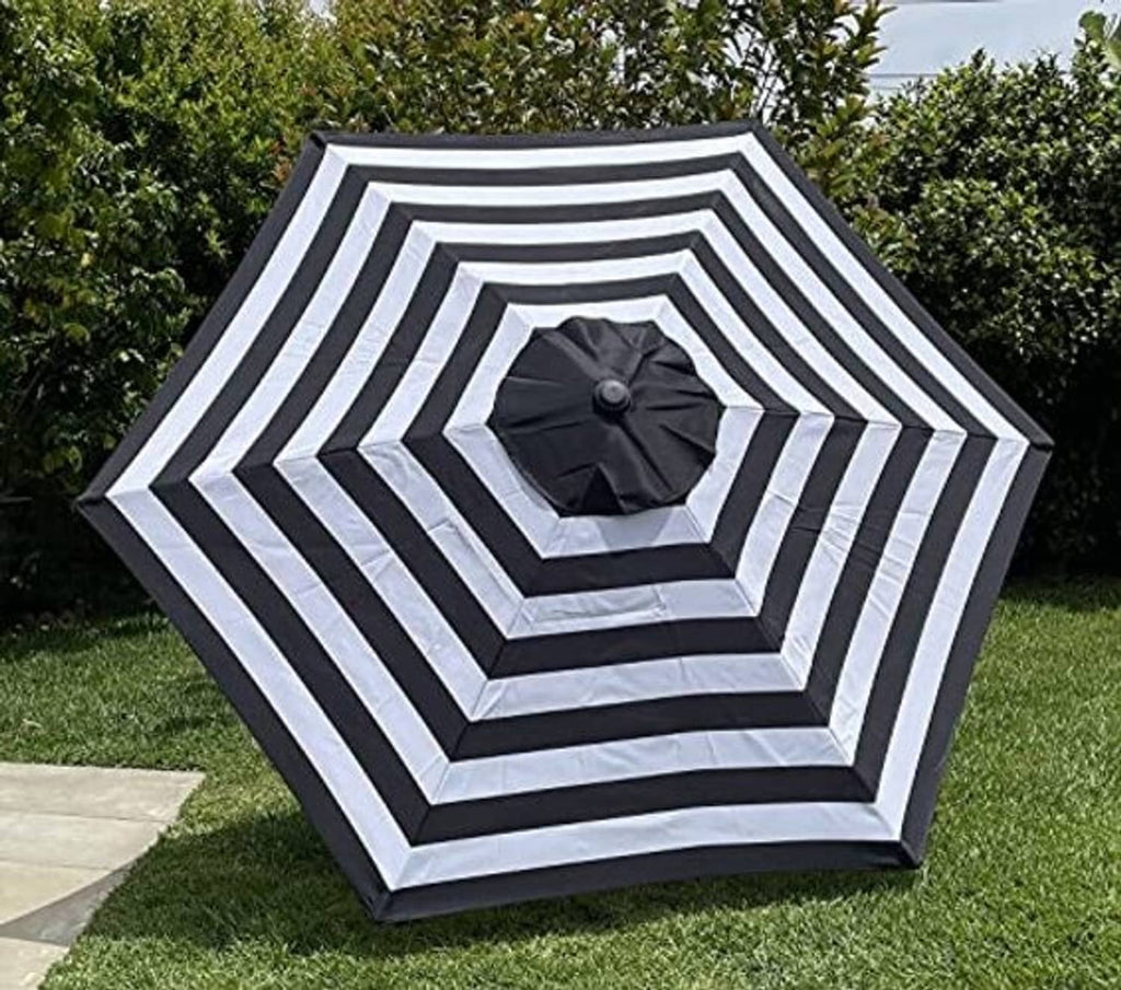 Black-and-white striped patio umbrella replacement canopy with black center finial, outdoor use