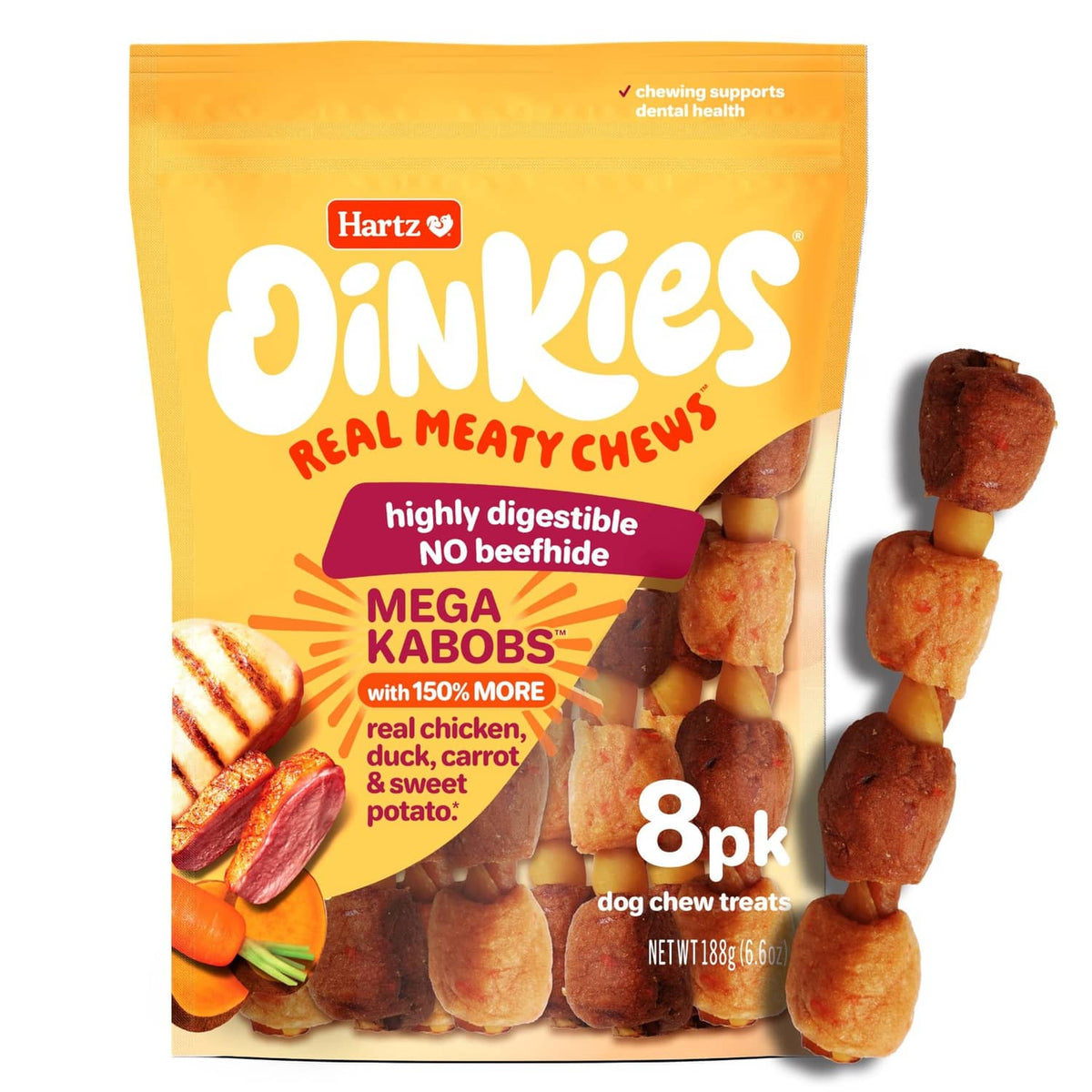 Hartz Oinkies Mega Kabobs dog chew treats bag with 8 kabob pieces shown