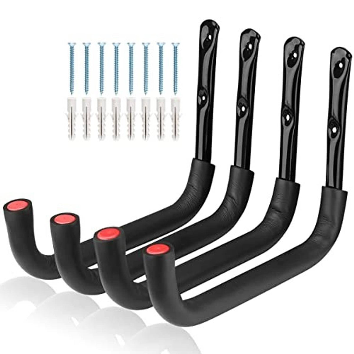 4-pack wall-mounted garage hooks, four black U-shaped holders with rubberized tips