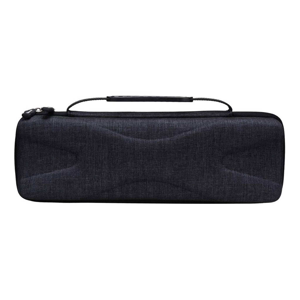 Closed hard travel case with top handle and black zipper ends; dark fabric