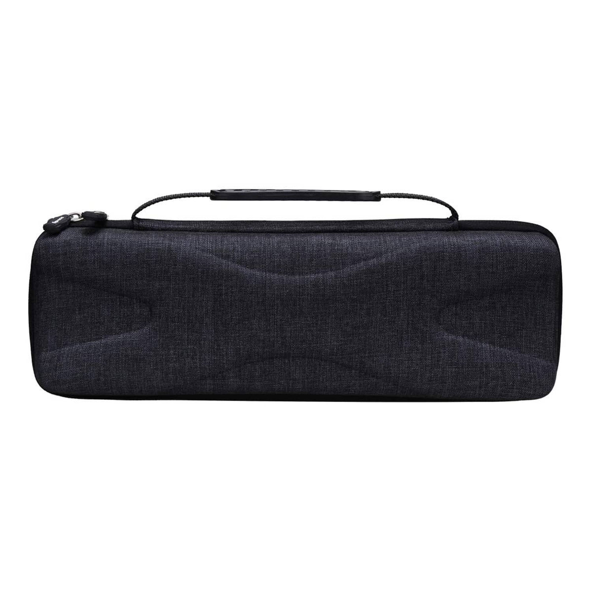 Closed hard travel case with top handle and black zipper ends; dark fabric