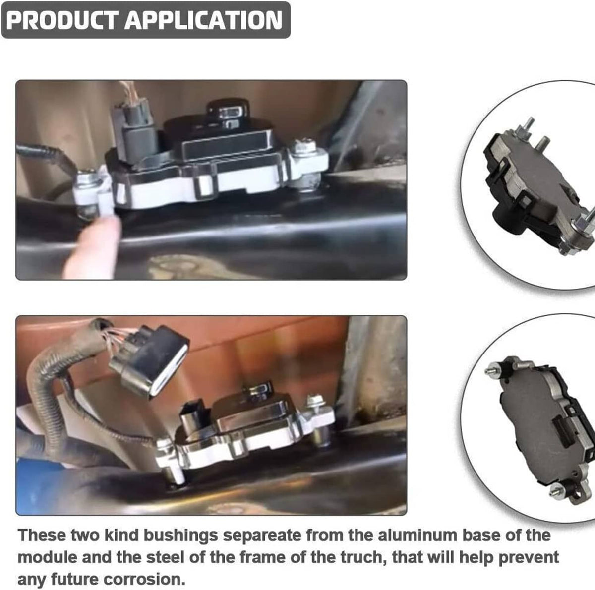 Fuel pump driver module installation view with protective bushings separated from base.
