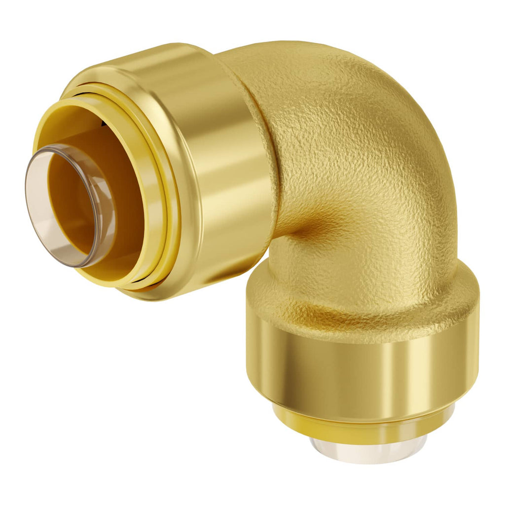 Gold brass push-fit elbow pipe fitting with visible threaded connection end