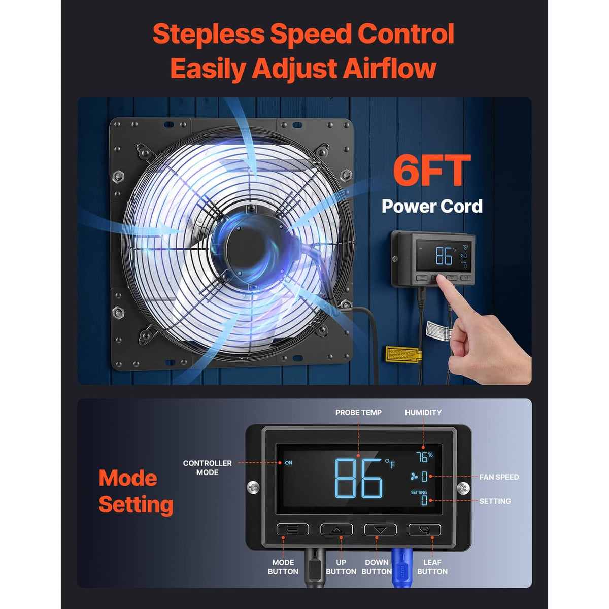 Wall-mounted exhaust fan with controller display and 6 ft power cord