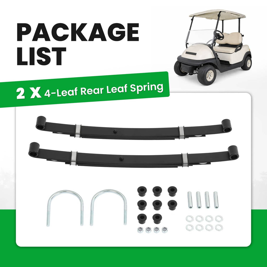 Boxed package contents: two black 4-leaf rear leaf springs plus hardware