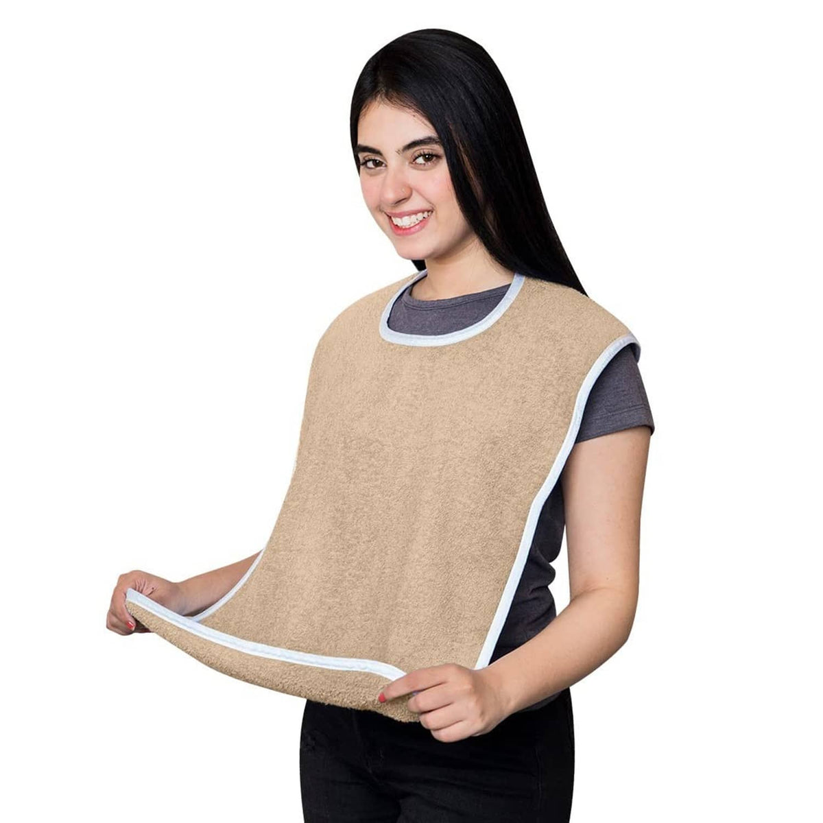 Beige terrycloth adult bib with white edging, worn over a dark shirt front side.