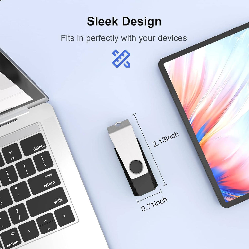 Silver and black USB flash drive with circular face and USB plug, sleek slim design
