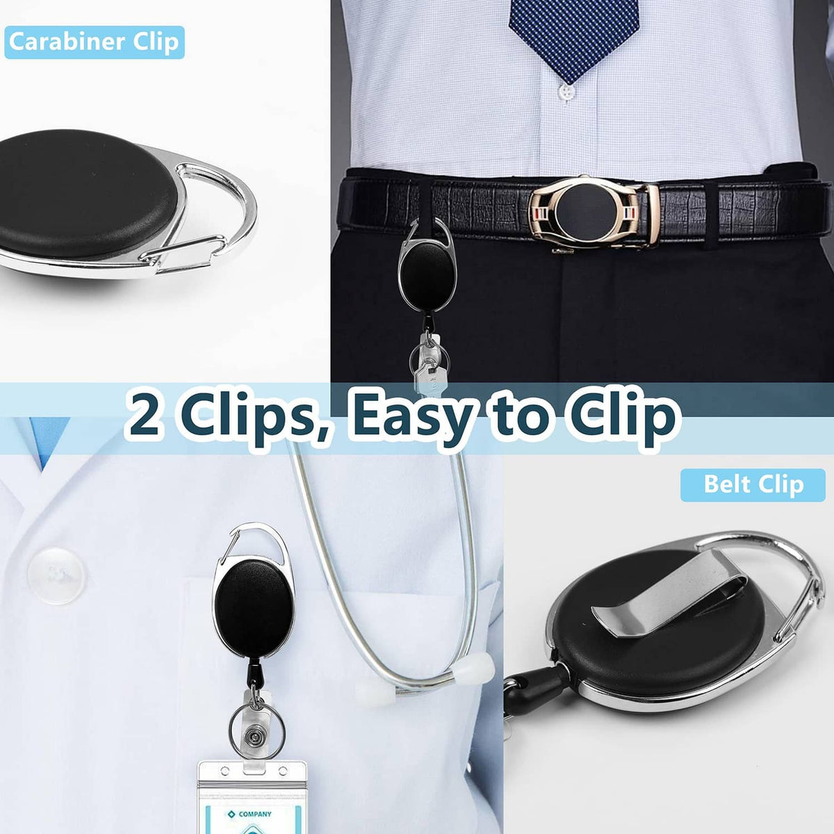 Retractable badge holder with silver carabiner clip and belt clip for ID card