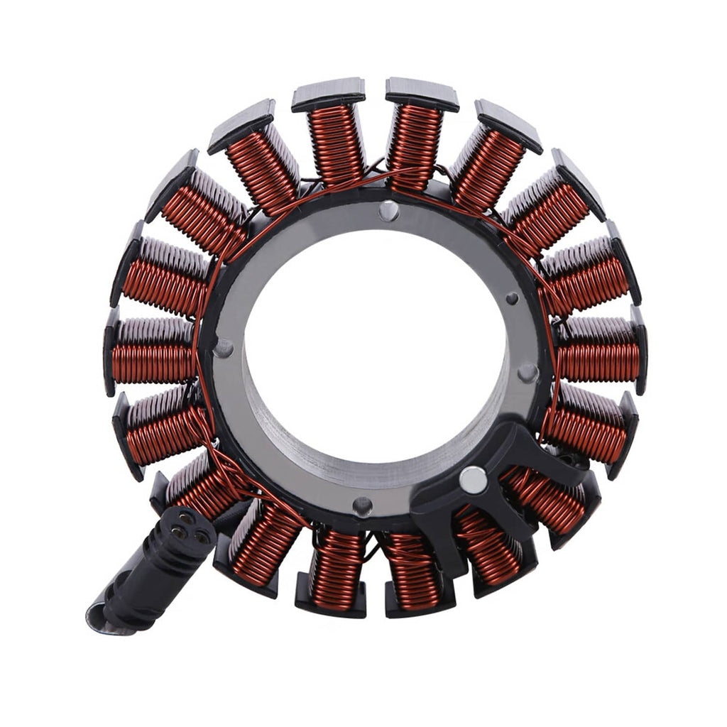 Round motorcycle stator with copper windings and mounting tabs, black cable lead