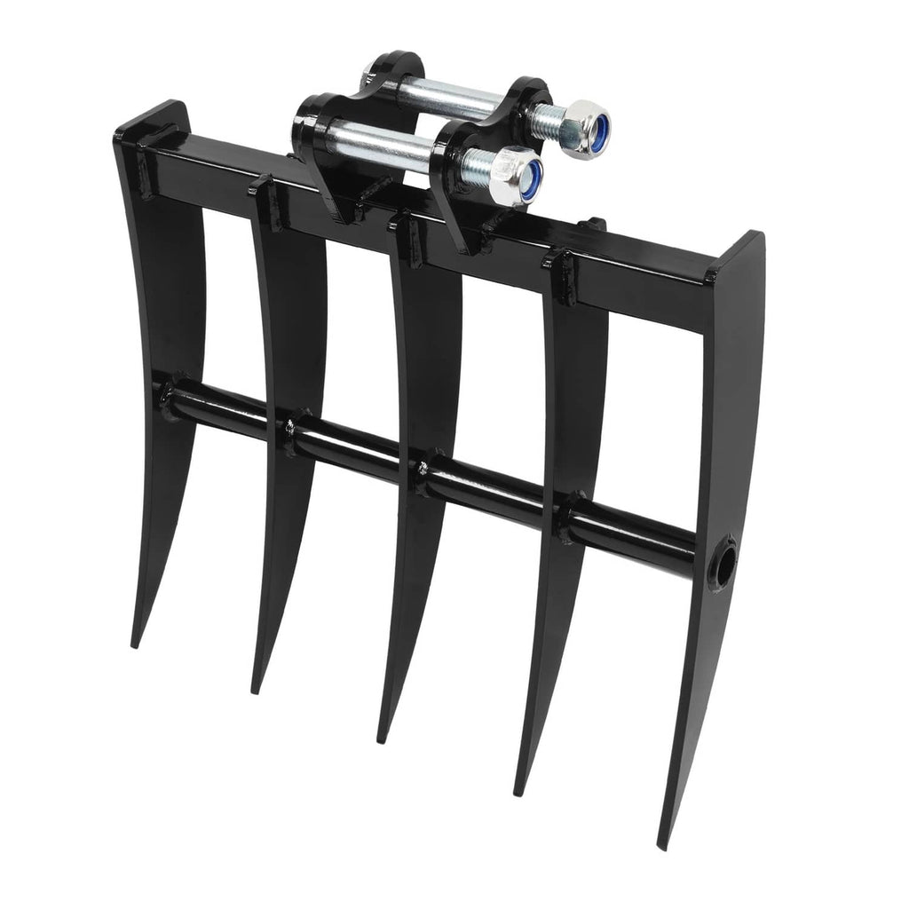Mini excavator attachment rake, black steel frame with multiple pointed digging tines