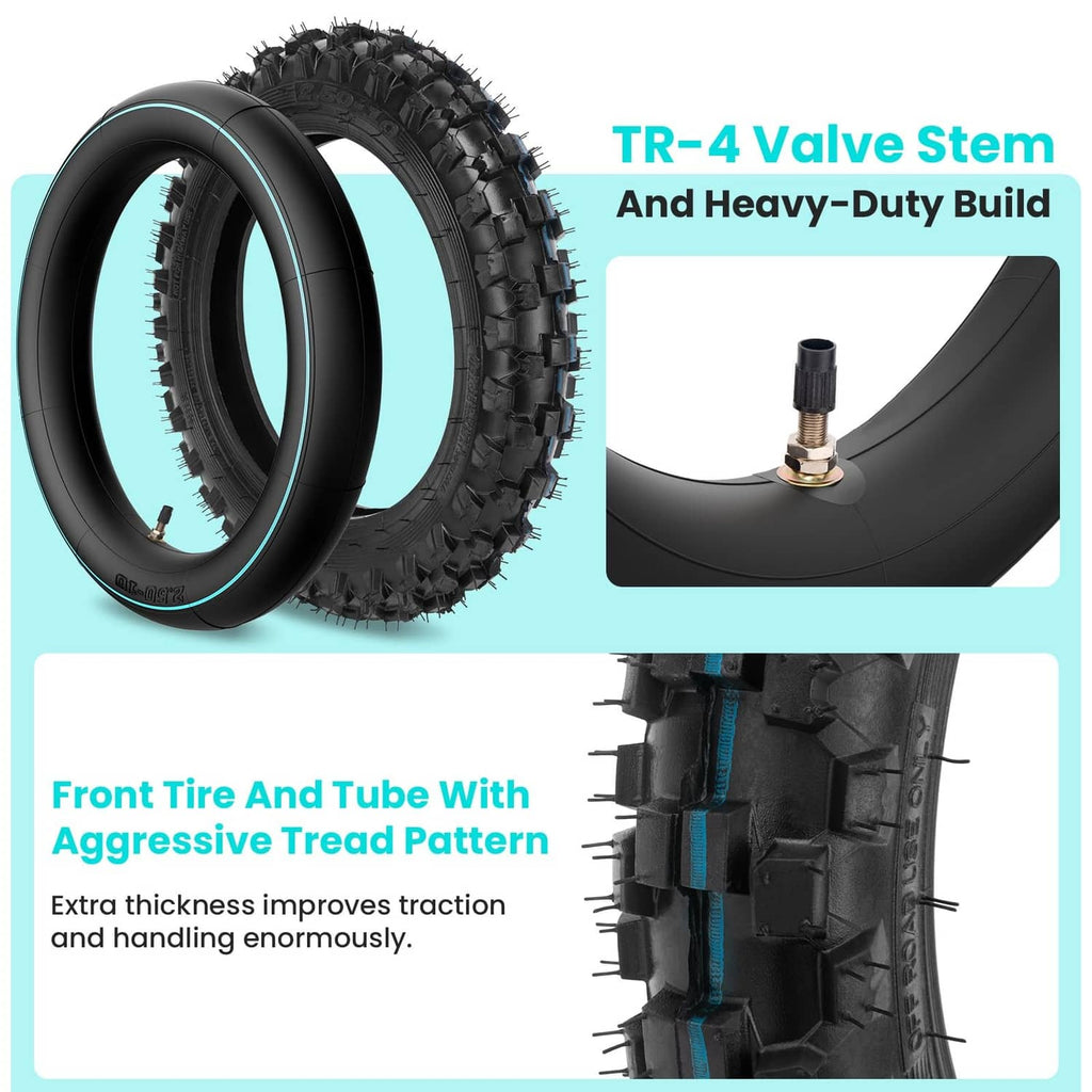 TR-4 valve stem inner tube with aggressive tread front dirt tire, 2.50/2.75-10