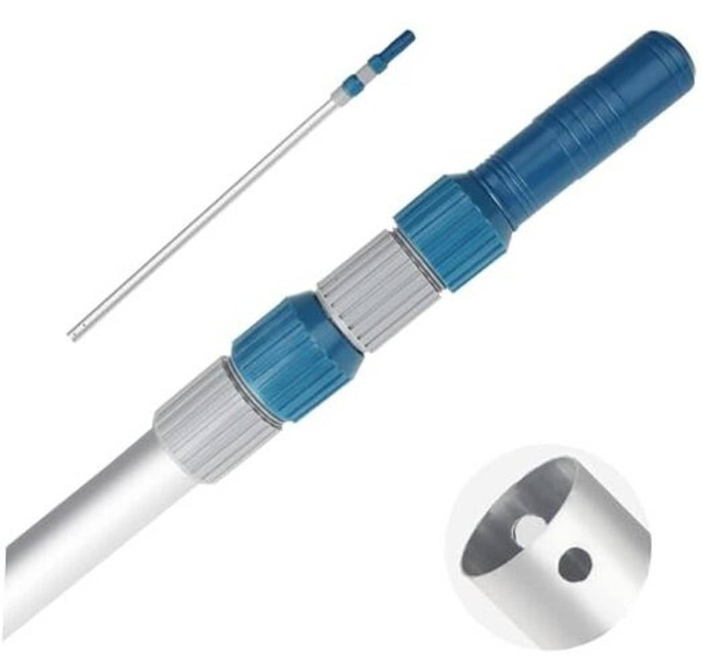 Telescopic pool pole with blue connector sleeves and extendable aluminum sections