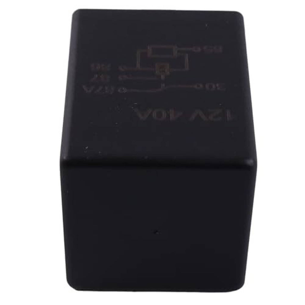 Black cube time delay relay, close-up of side label markings on housing