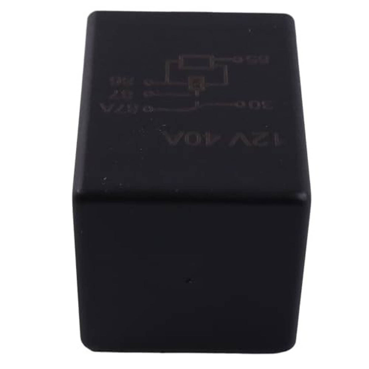 Black cube time delay relay, close-up of side label markings on housing
