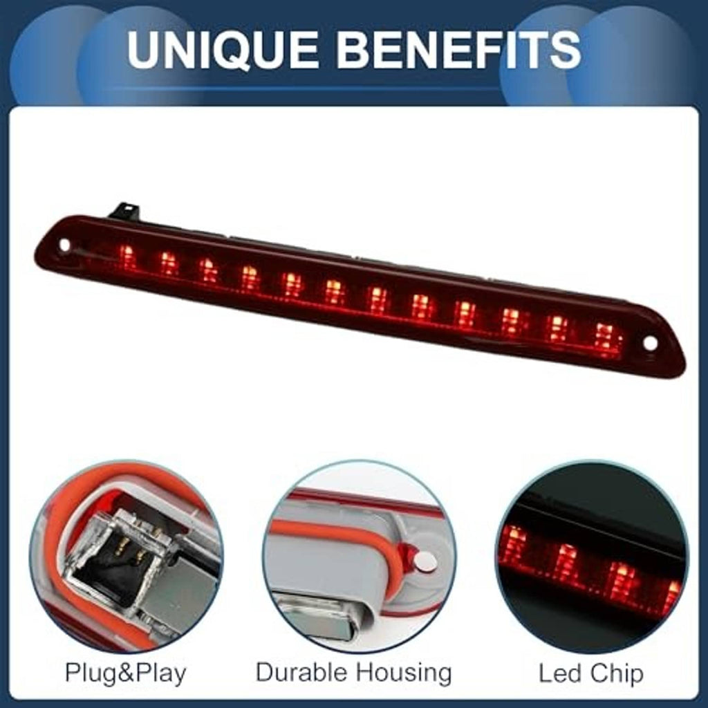 Red LED third brake light with black end caps and evenly spaced illuminated LED cells