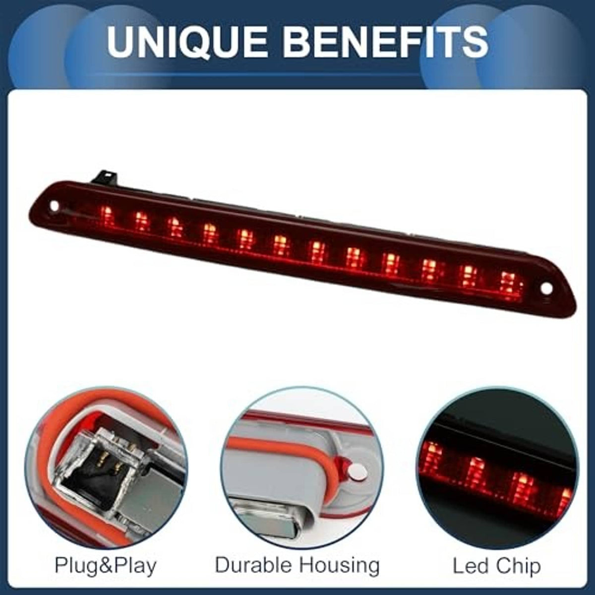 Red LED third brake light with black end caps and evenly spaced illuminated LED cells
