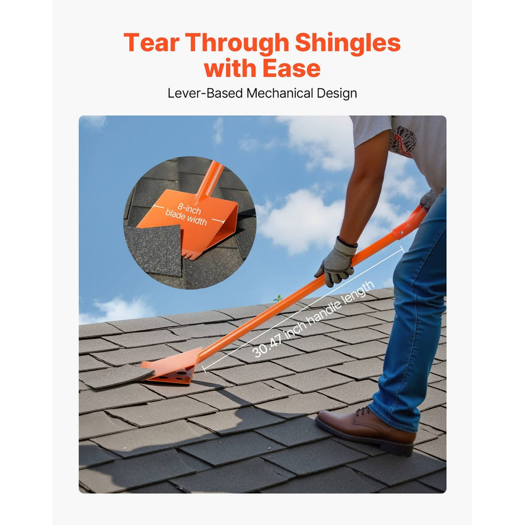 Roof shingle stripper shovel with orange handle and serrated steel blade in use