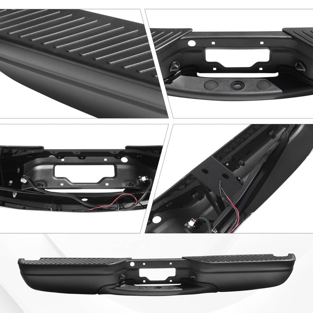 Black rear step bumper cover with textured tread and underside mounting details