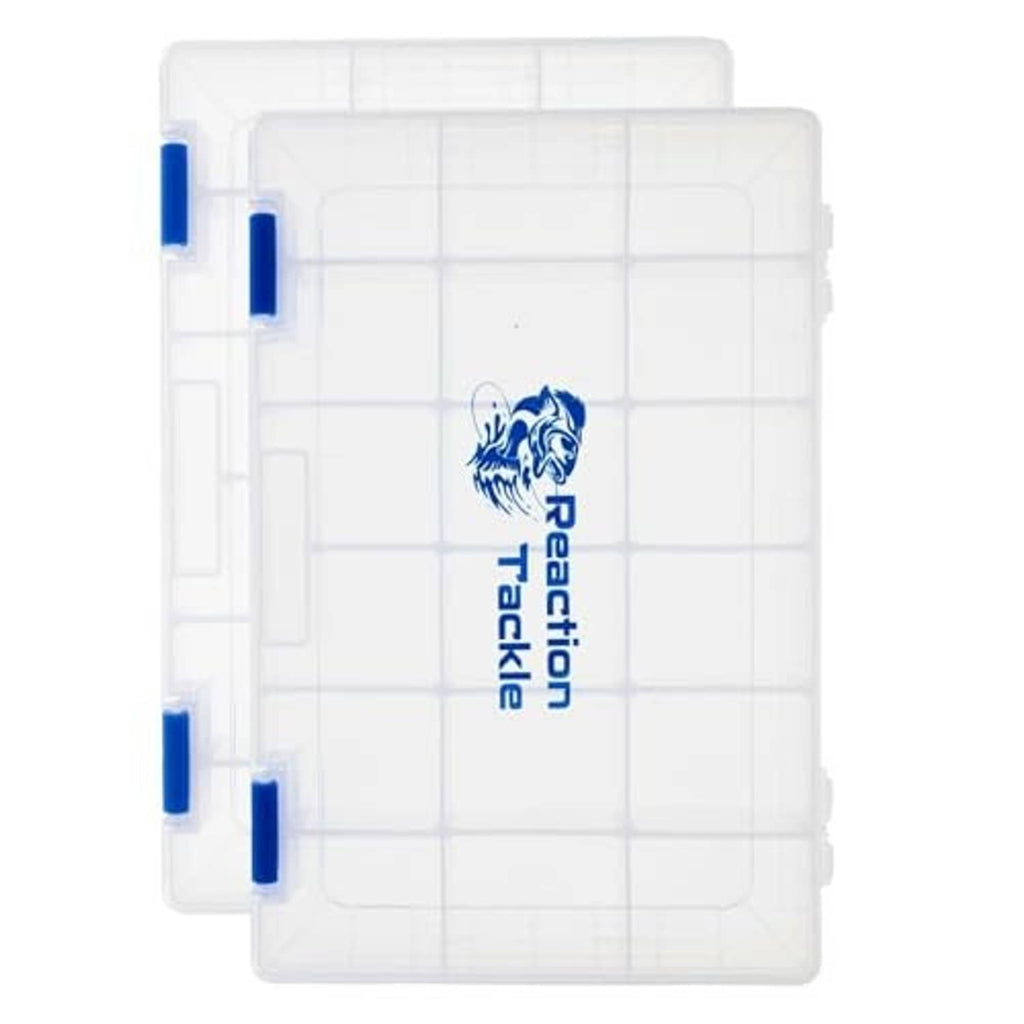 Two clear fishing tackle trays with snap latches and divided grid compartments