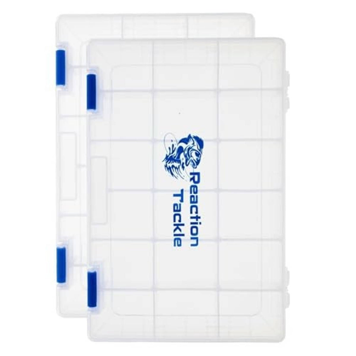 Two clear fishing tackle trays with snap latches and divided grid compartments