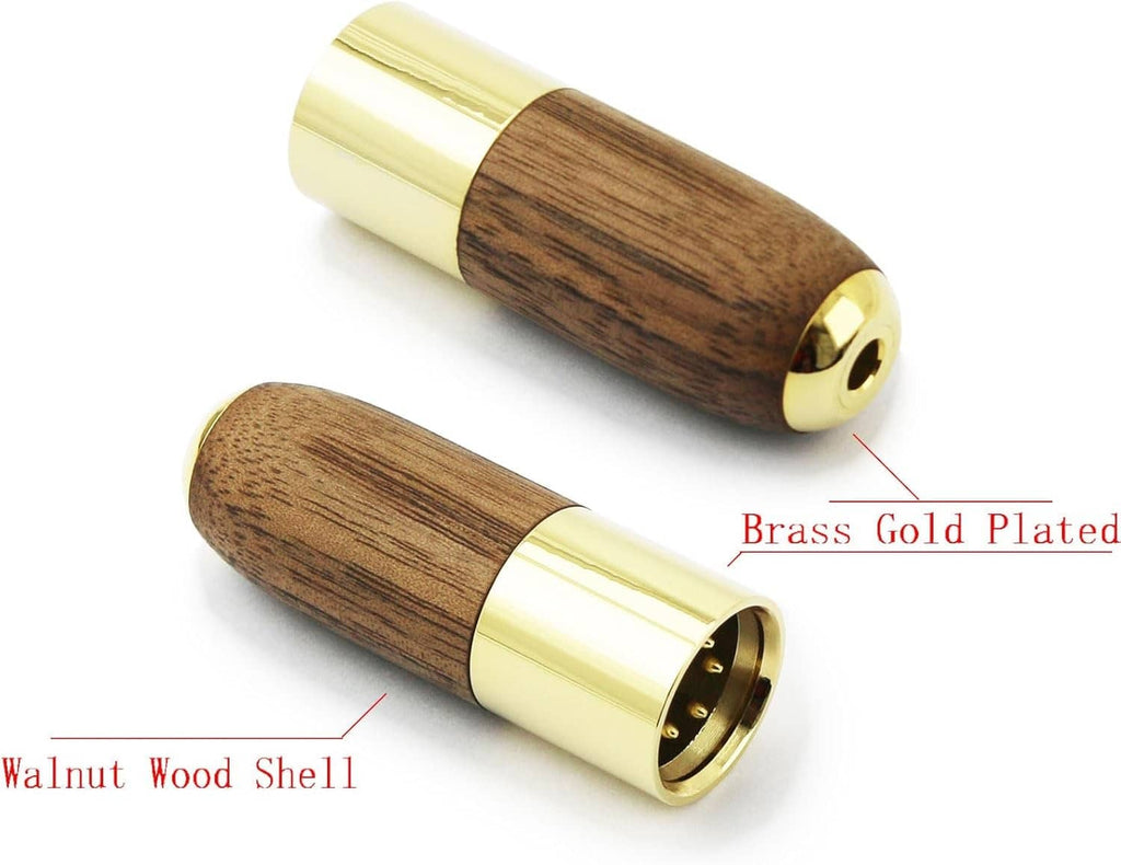 Walnut wood shell XLR male to 4.4mm female audio adapter, brass-gold plated finish