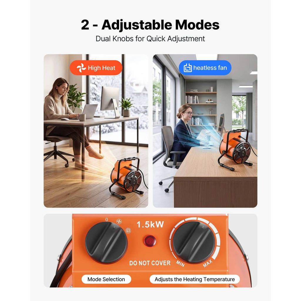 Orange portable electric heater with front fan grill and dual top heat-mode knobs