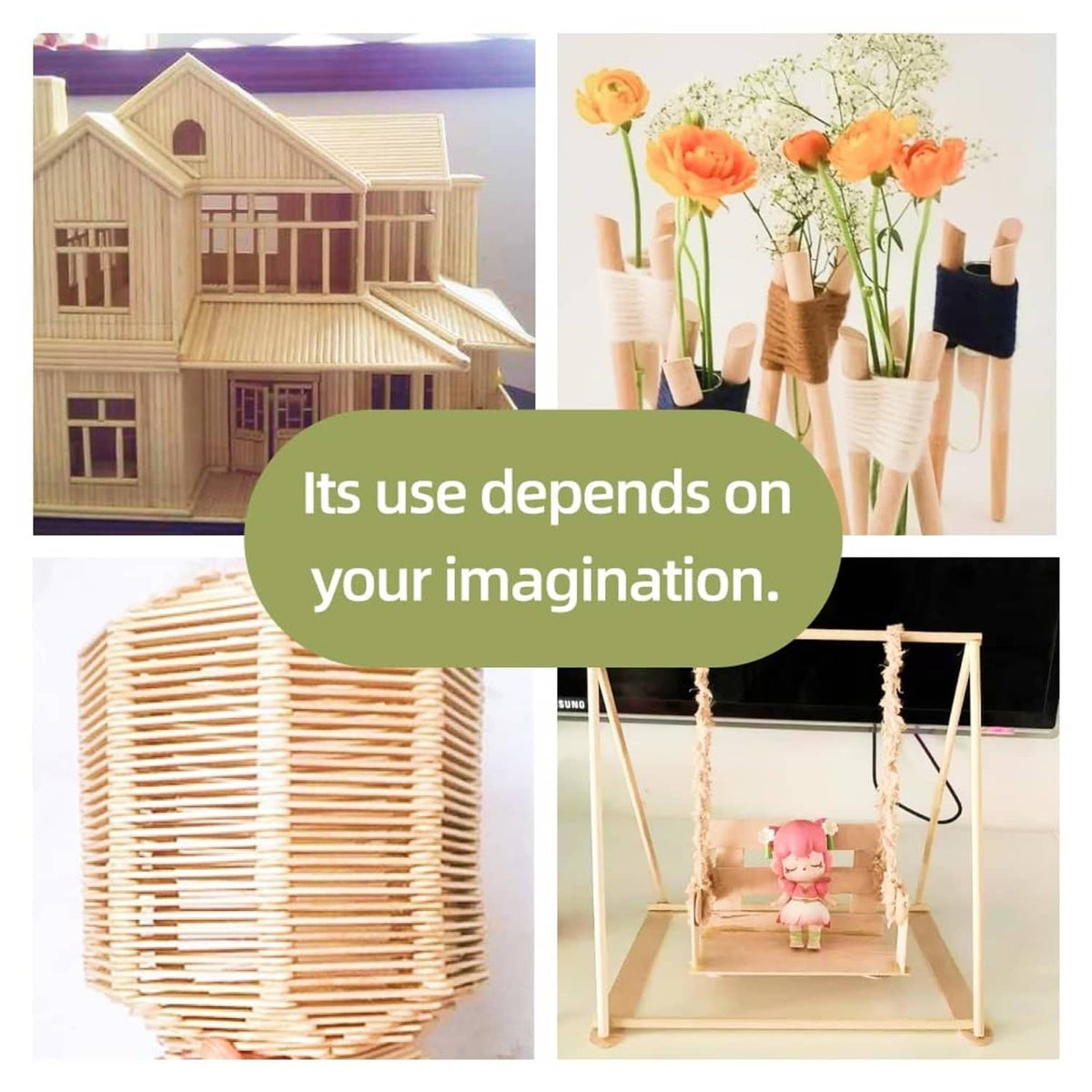 Bamboo dowel rods shown in multiple craft scenes, bundled and arranged