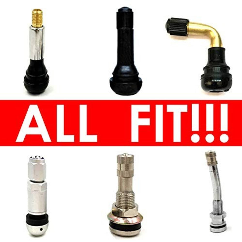 Set of metal tire valve caps with rubber seals, shown in multiple valve stem types.