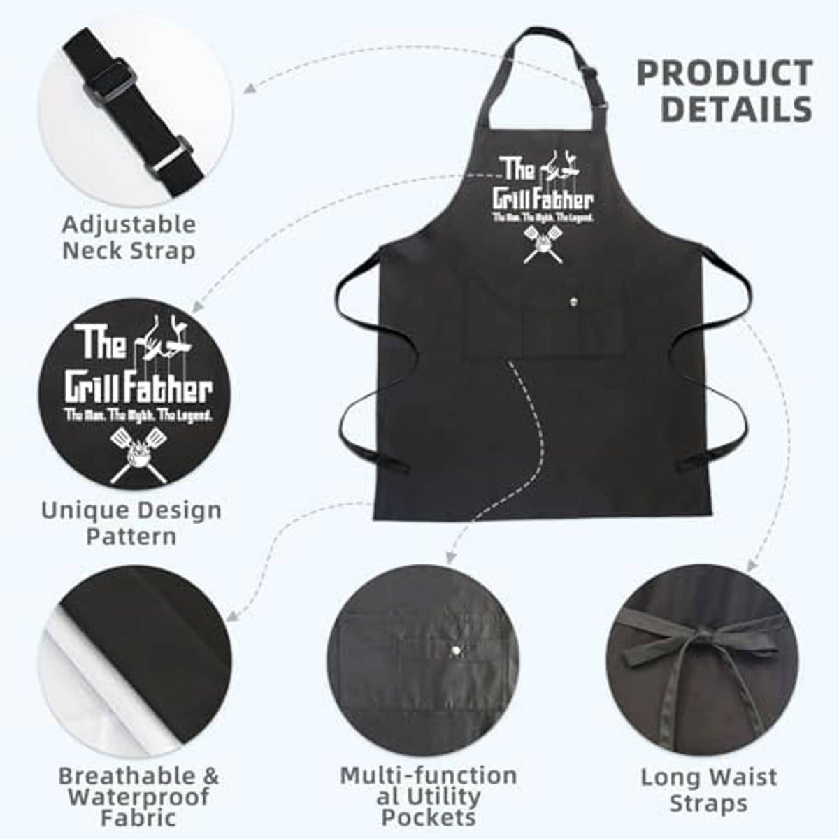 Black apron with adjustable neck strap and long waist ties; shows pocket layout
