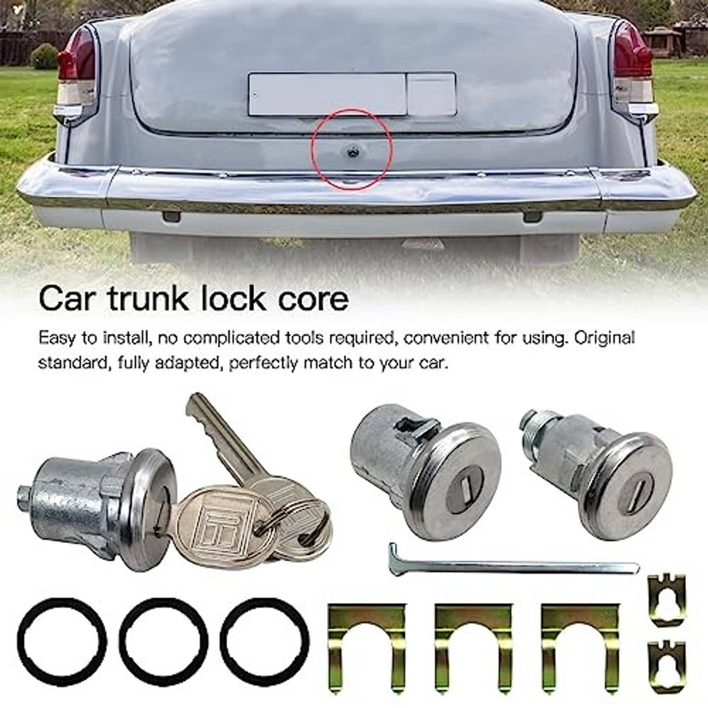 Car trunk lock cylinder core with keys and metal cylinder parts, plus O-rings