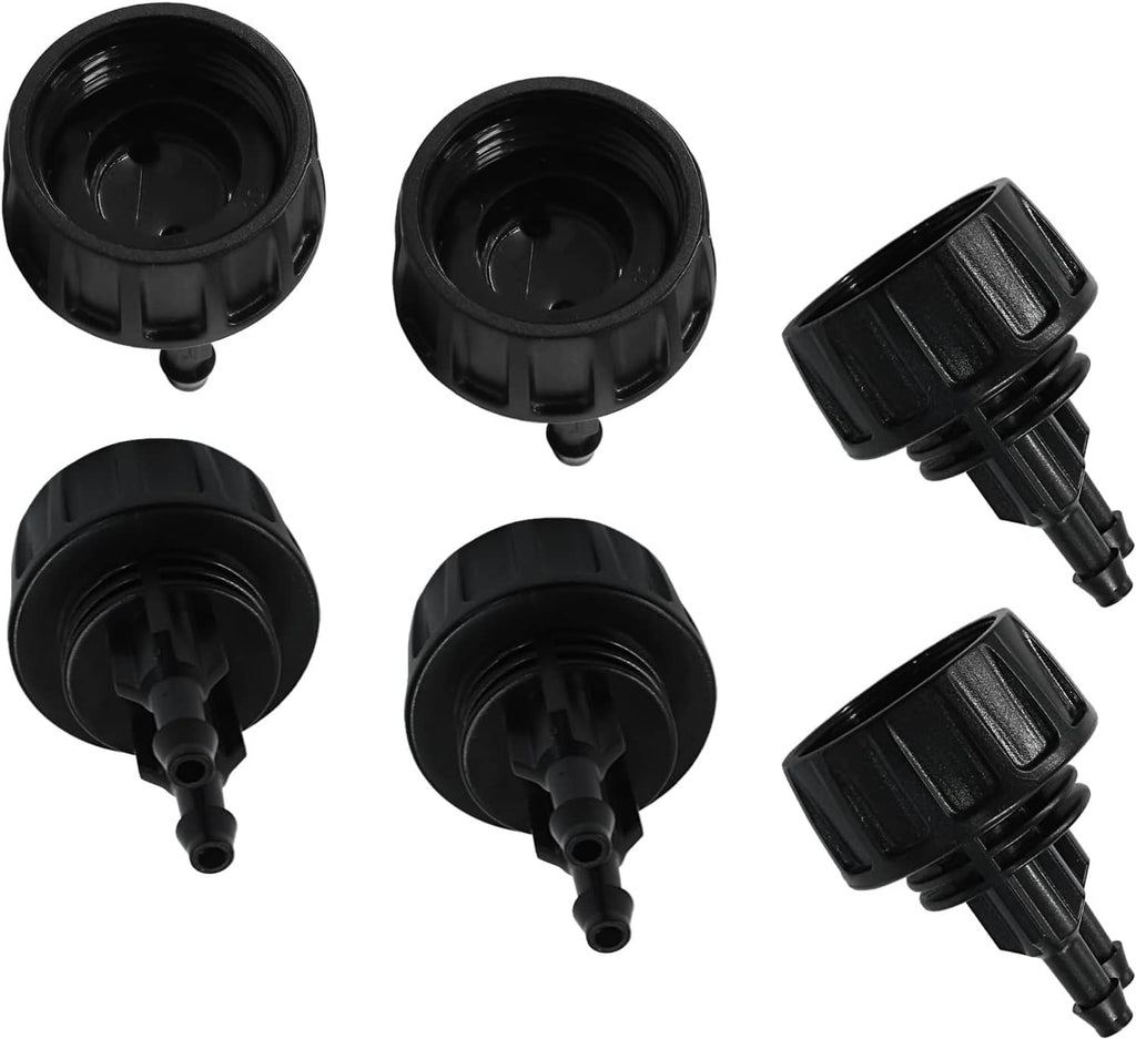 Black drip irrigation adapter fittings, multiple views of the barbed inlet ports