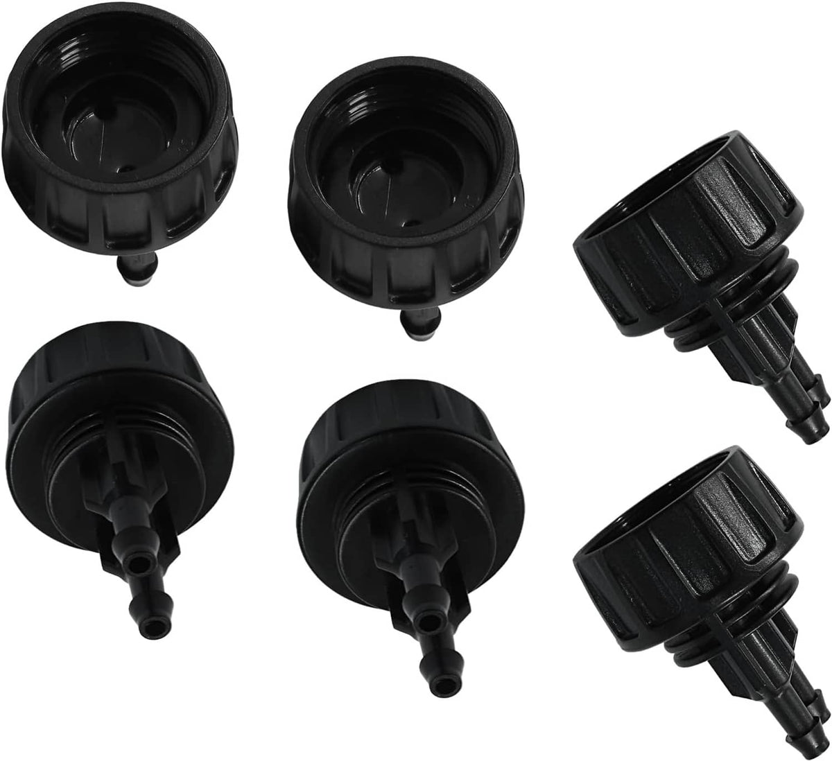 Black drip irrigation adapter fittings, multiple views of the barbed inlet ports