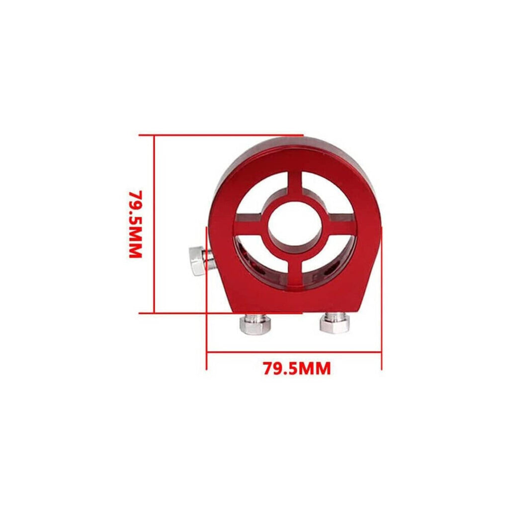Red aluminum oil filter adapter plate with mounting bolts, showing 79.5mm size