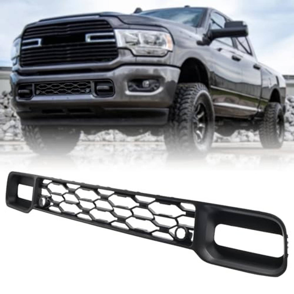 Black front bumper intake grille insert with honeycomb pattern and side openings