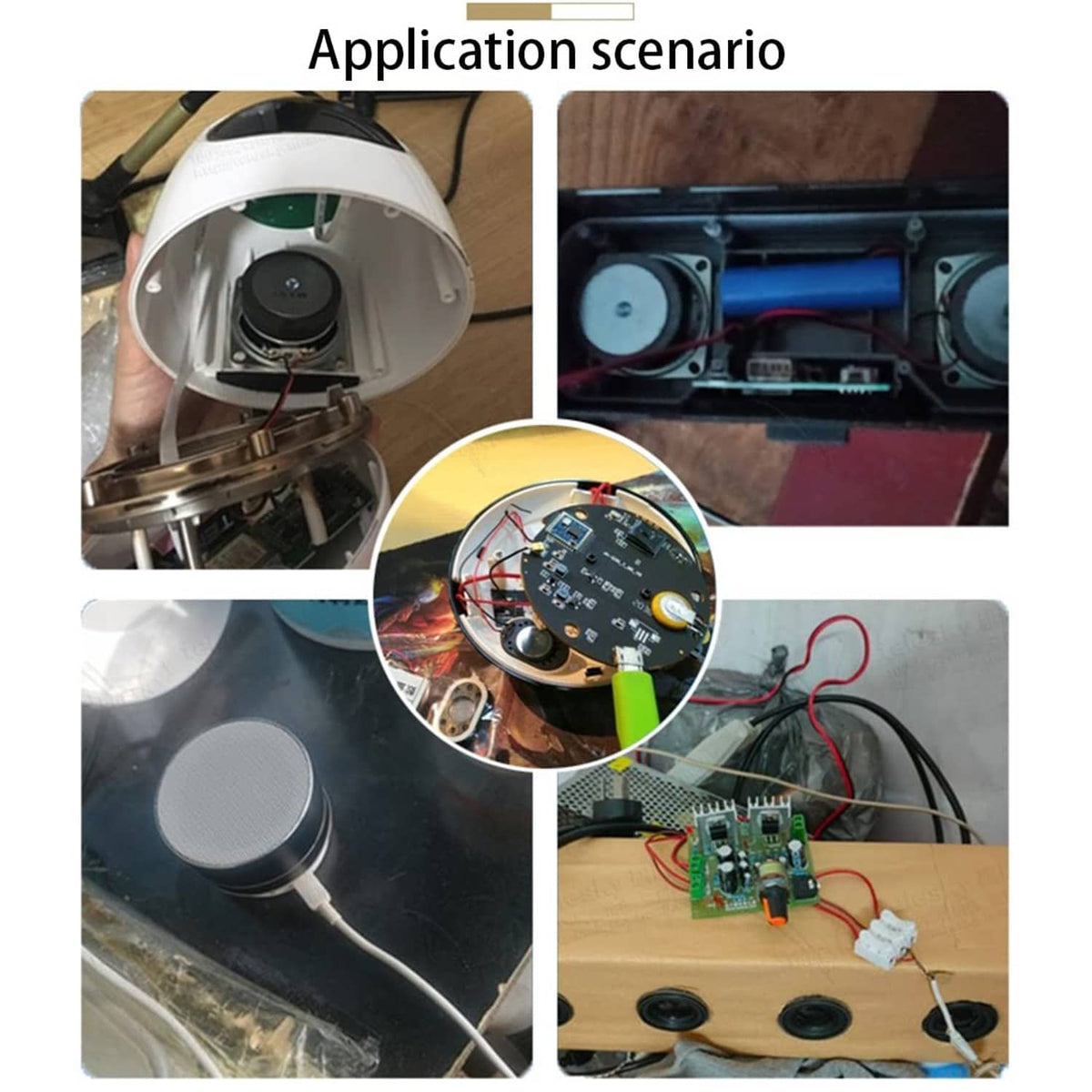 Two small speaker drivers with mounting brackets and exposed wiring for installation