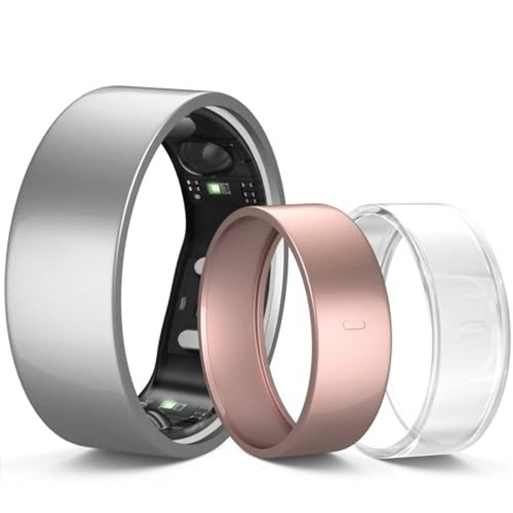 Angled triple ring covers: silver outer band with rose-gold and clear protective layers