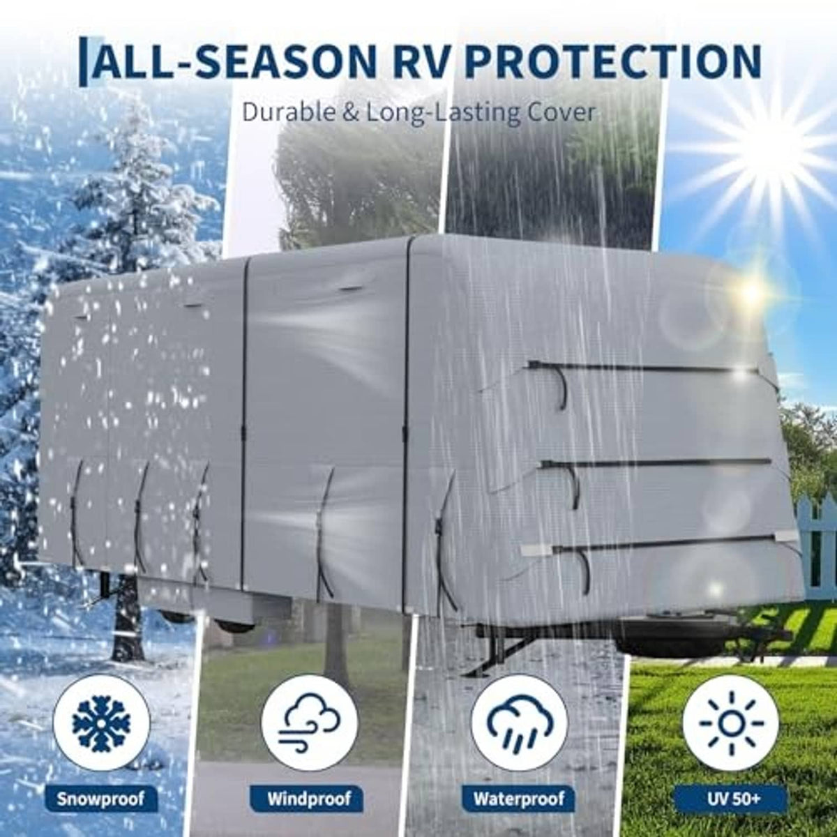Grey all-season RV cover with weatherproof, waterproof, and UV-protective panel