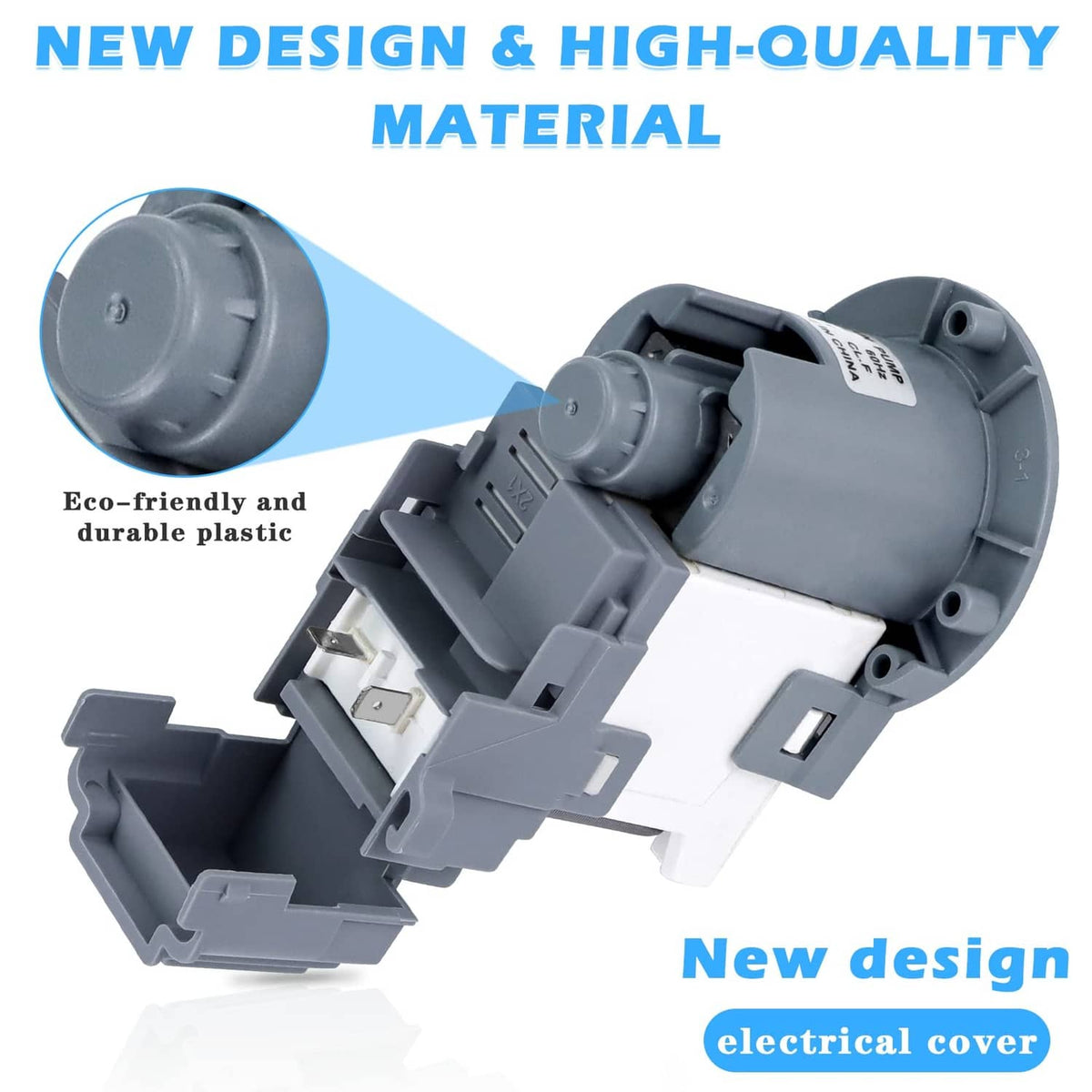 Washer drain pump with gray motor housing and white electrical connector